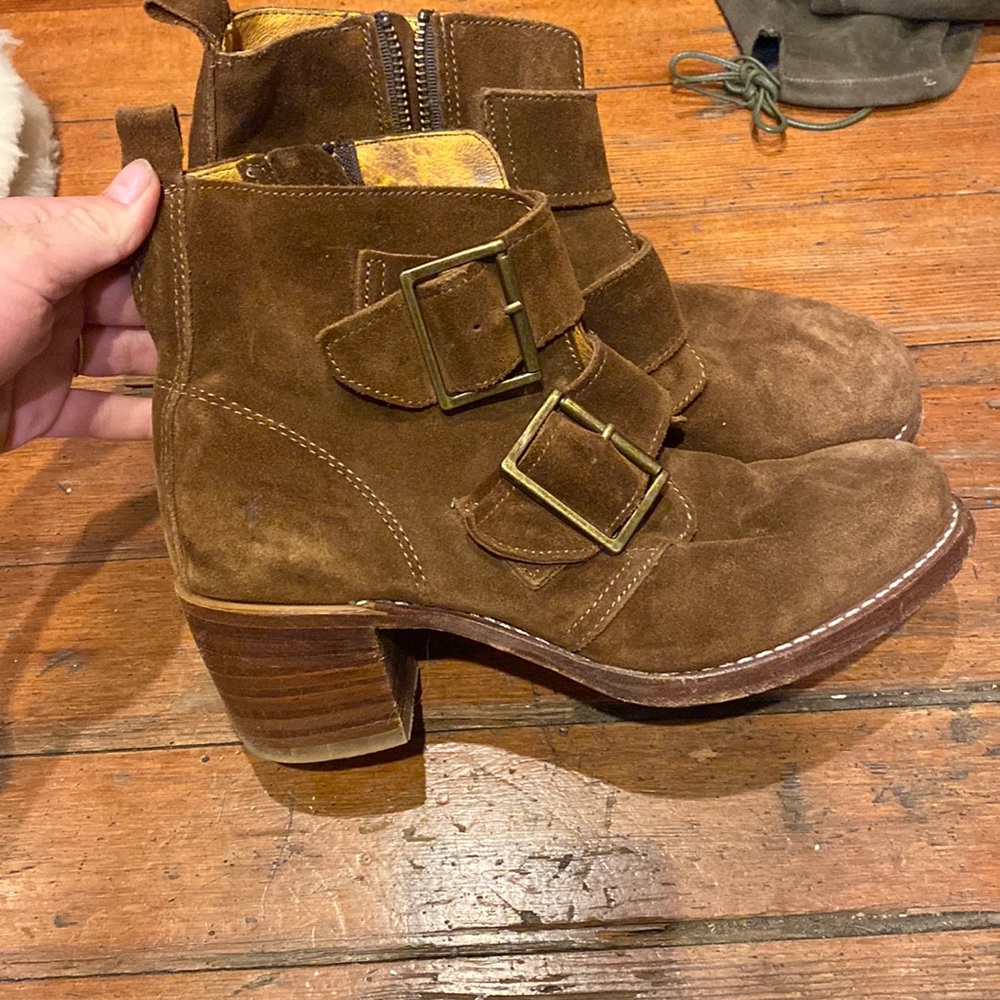 Frye Brown Suede Double Buckle Ankle Booties